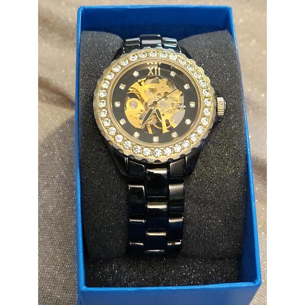 ADRIENNE Watch Black CERAMIC SKELETON CRYSTAL Bezel Windup New In Box.no Papers